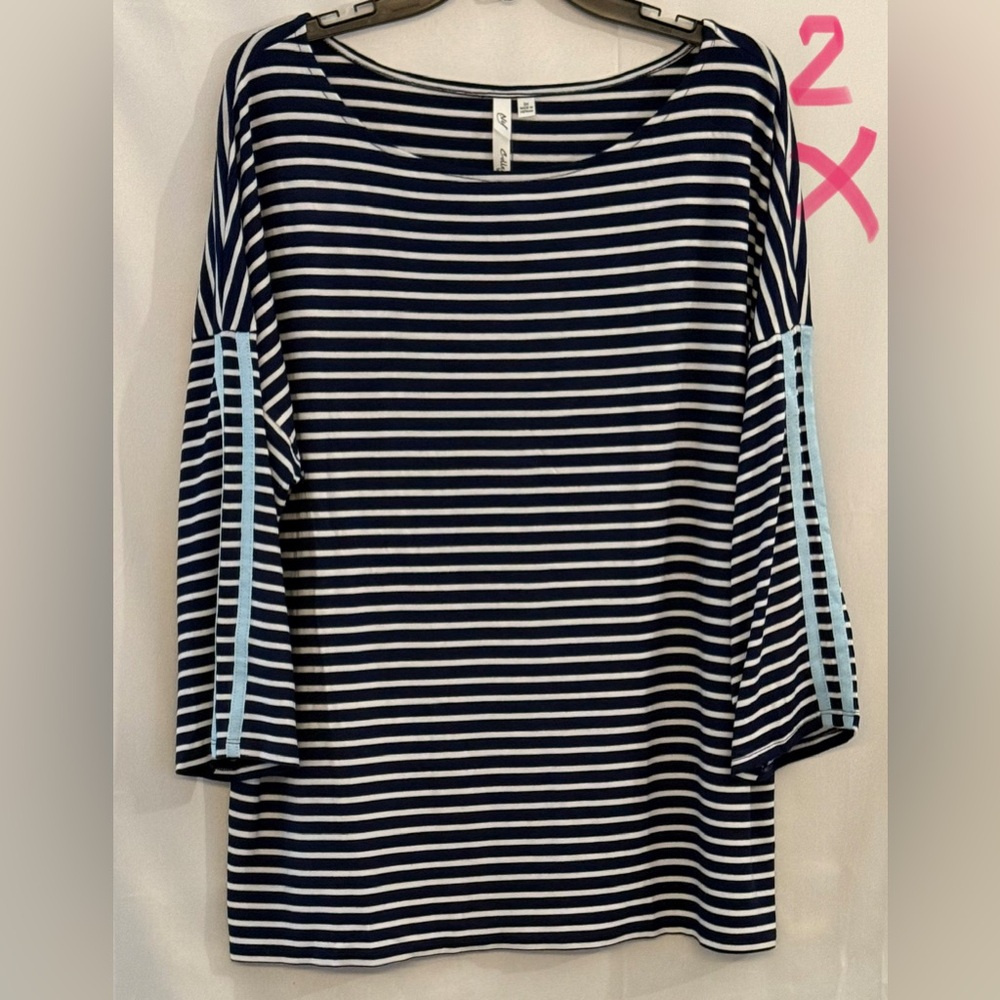 NY Collection Navy and White Striped Long Sleeve Top with Light Blue Sleeve Trim